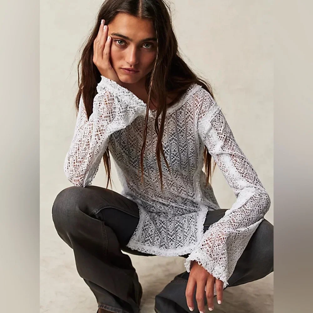 Free People On The Road Twisted Lace Tee in Ivory size XS NWT